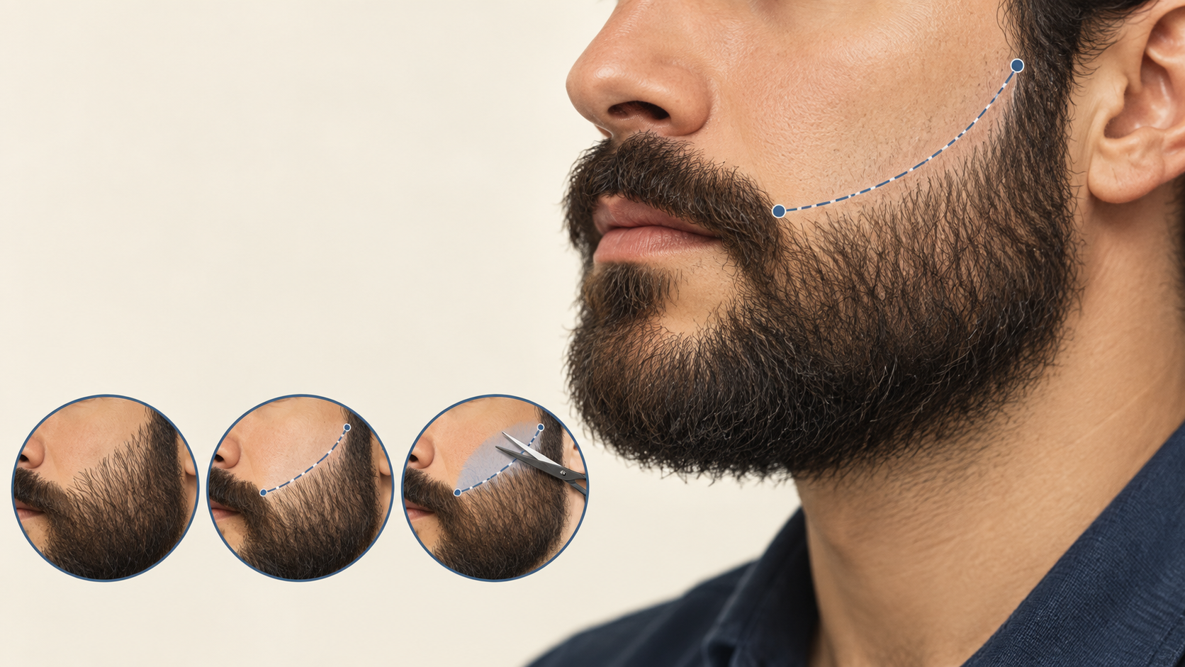 Illustration of a bearded cheek line with a conservative guide between the sideburn and moustache