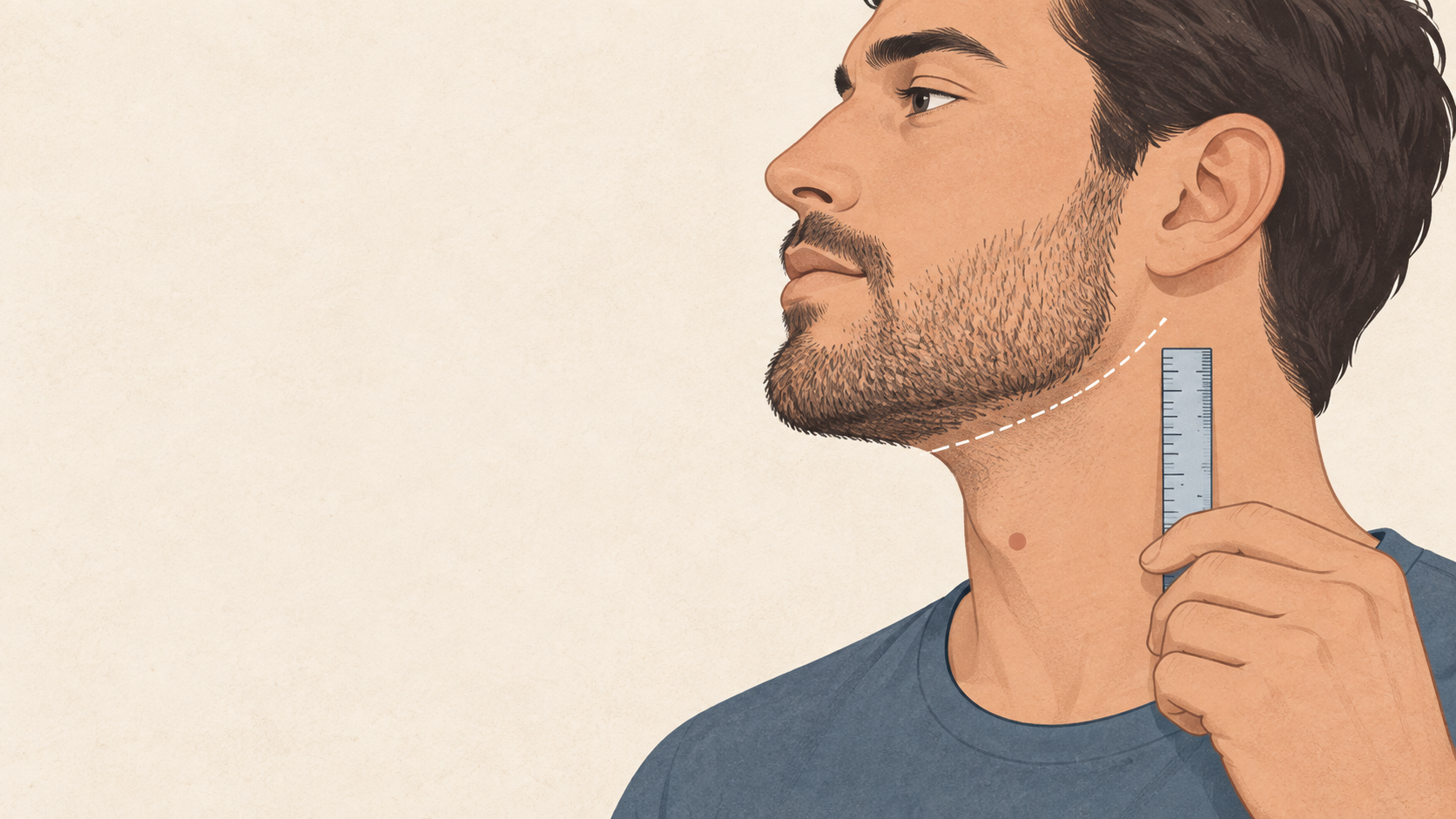 Illustrated side profile with a short beard, a dashed proposed neckline, a ruler held by the neck, and a reference dot near the thyroid notch.
